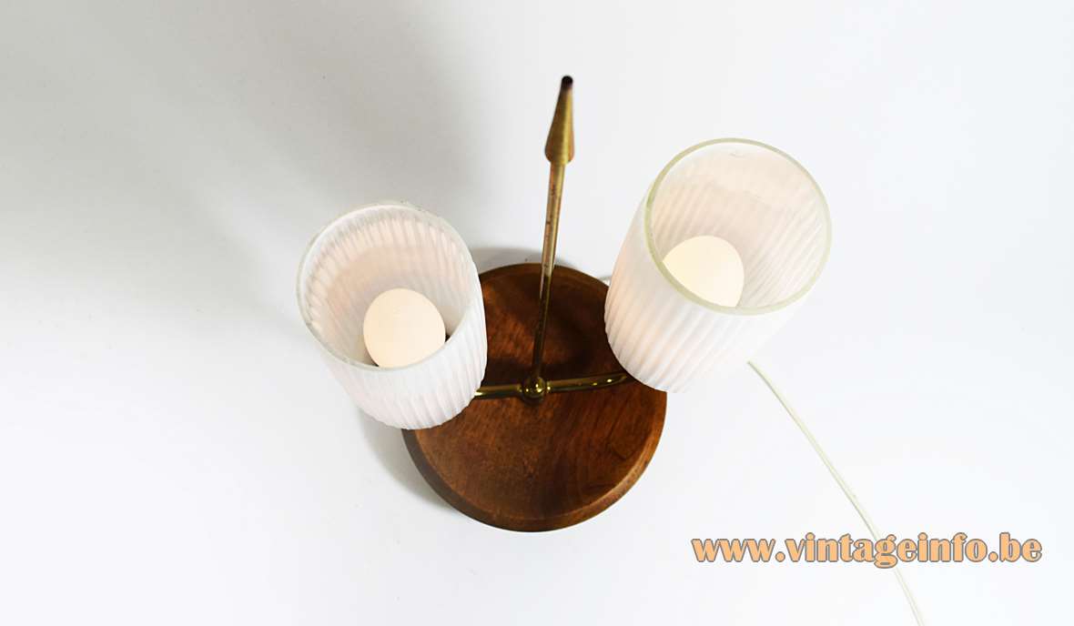 1950s Scandinavian table lamp round wood base brass arrow 2 ribbed opal glass lampshades 1960s Massive