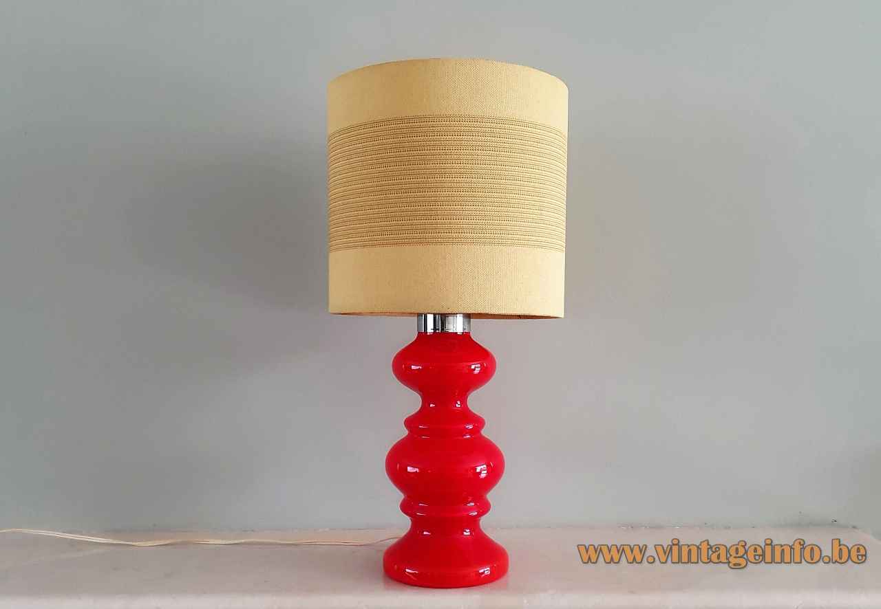 1970s red glass table lamp round tubular fabric lampshade Massive De Rupel Belgium hand blown