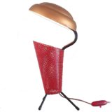 Aluminor tripod table lamp perforated red gauze tube round gold disc lampshade 1950s 1960s France