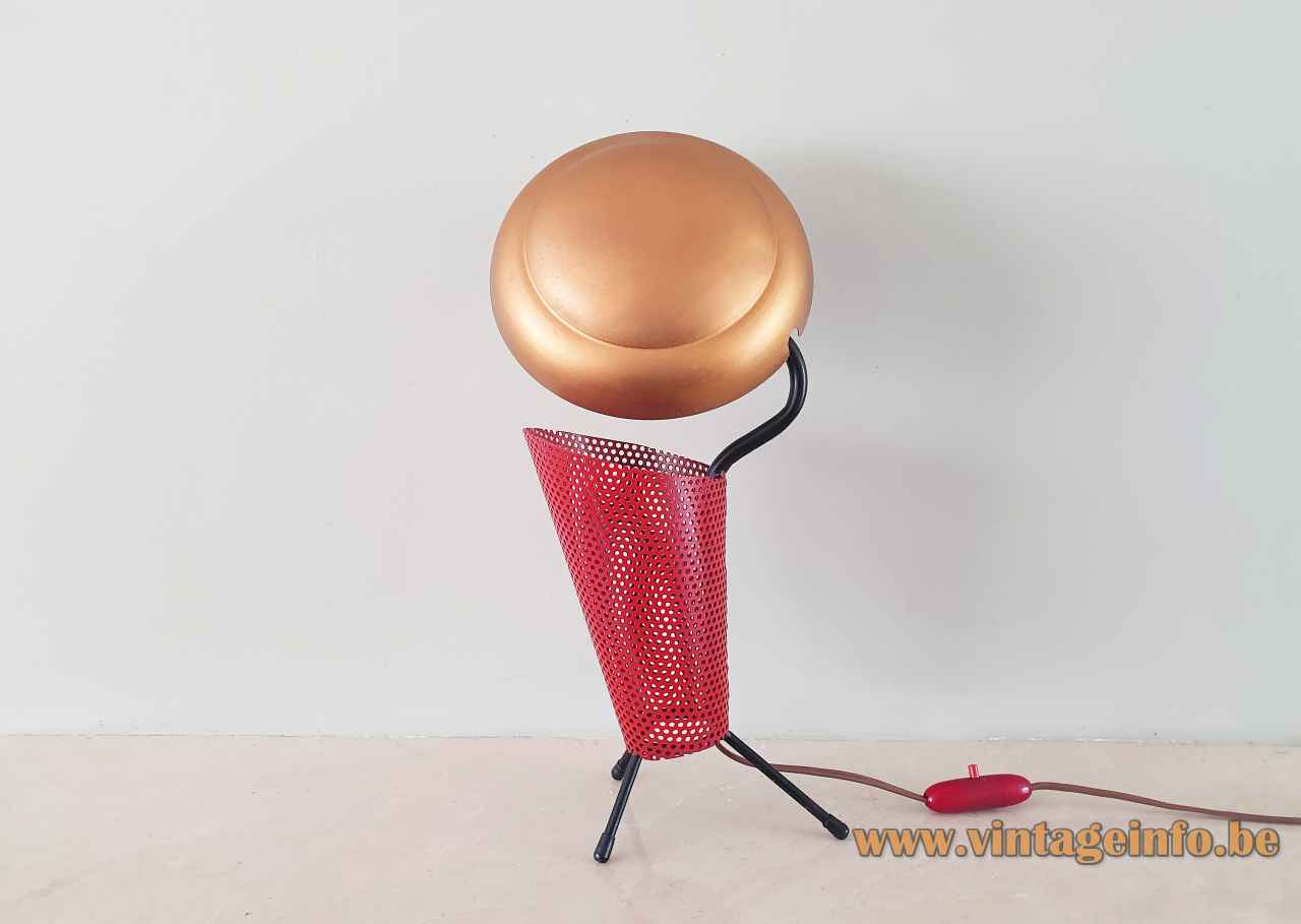 Aluminor tripod table lamp perforated red gauze tube round gold disc lampshade 1950s 1960s France