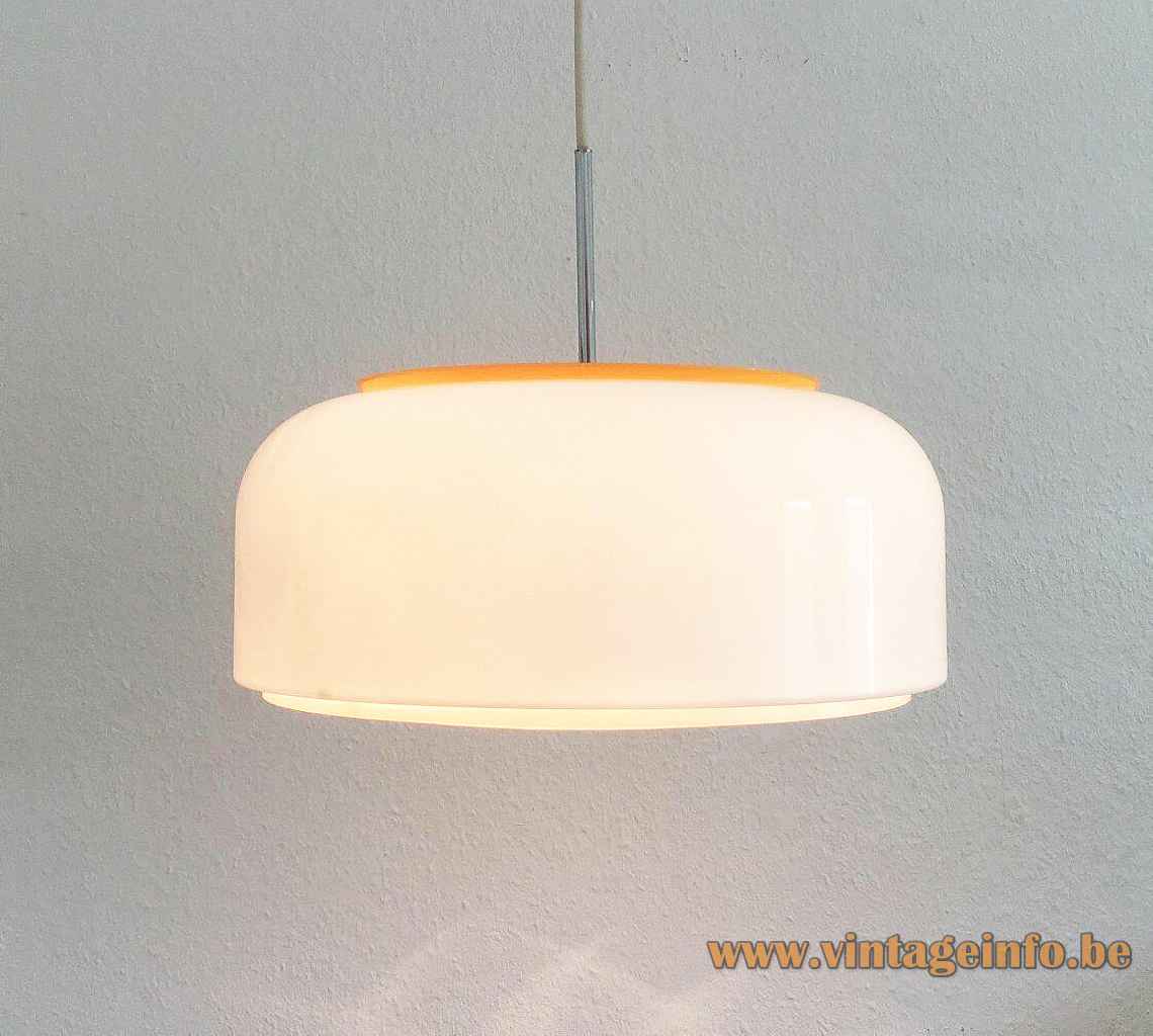 Ateljé Lyktan Knubbling pendant lamp white acrylic lampshade yellow lid grid diffuser 1970s Design: Anders Pehrson
