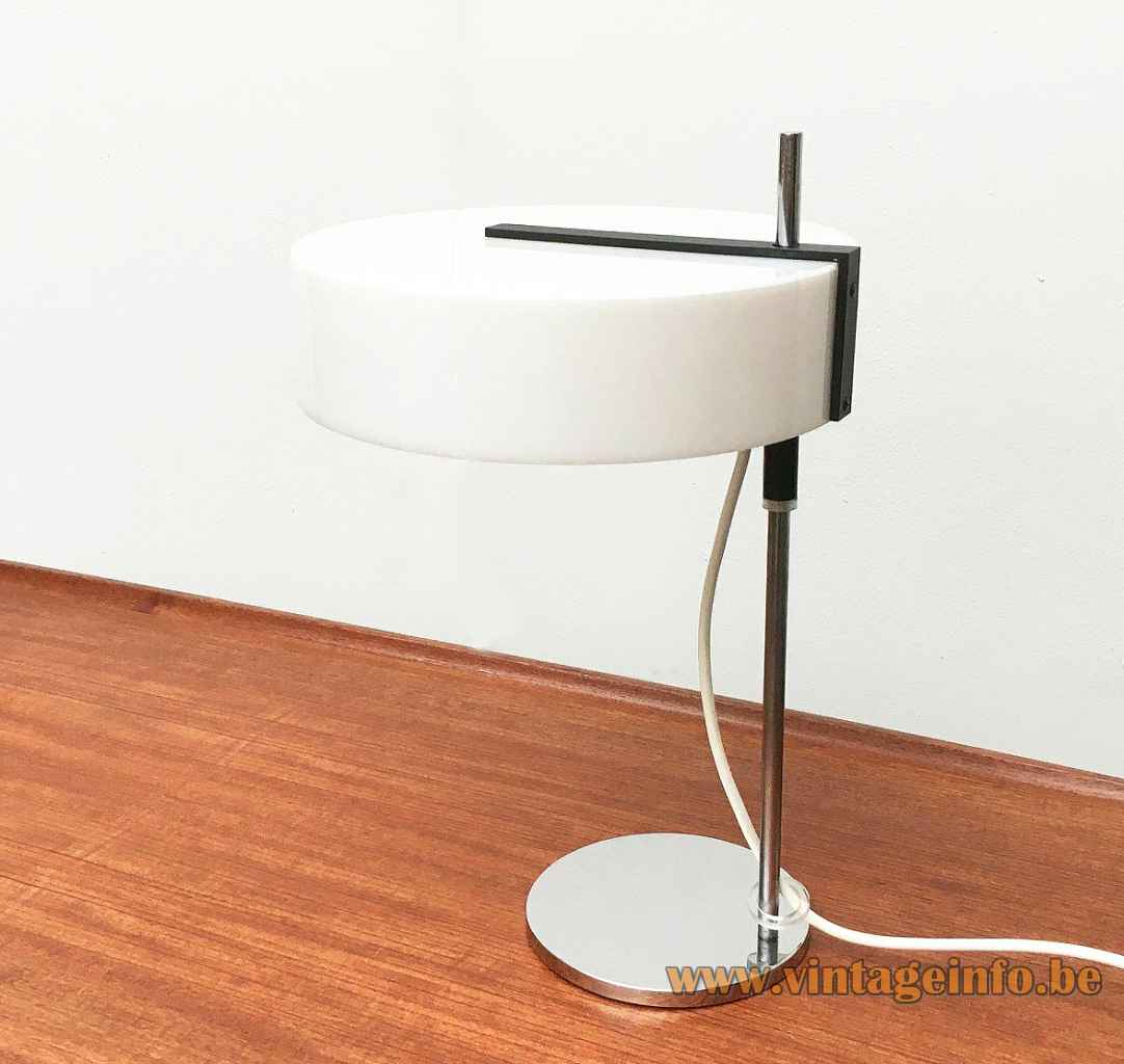 Cosack white acrylic desk lamp round chrome base & rod adjustable opal plastic lampshade 1960s Germany