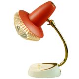 Grid bedside table lamp cream base curved brass rod red lampshade 1950s 1960s Cosack Leuchten Germany