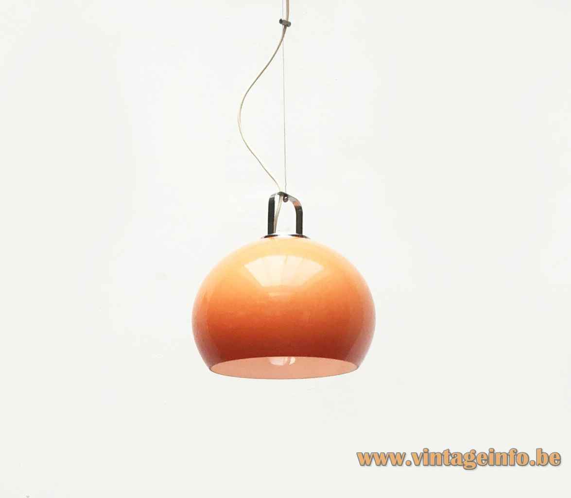 Harvey Guzzini Zurigo pendant lamp orange acrylic globe lampshade chrome handle 1960s 1970s iGuzzini Italy