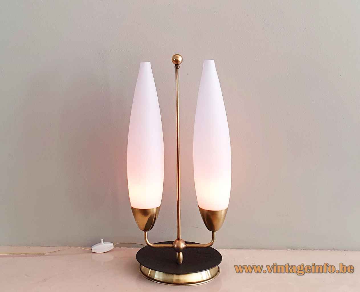 1960s convex opal glass table lamp round brass base & rod white oval lampshades Massive Belgium Philips