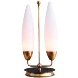 1960s convex opal glass table lamp round brass base & rod white oval lampshades Massive Belgium Philips