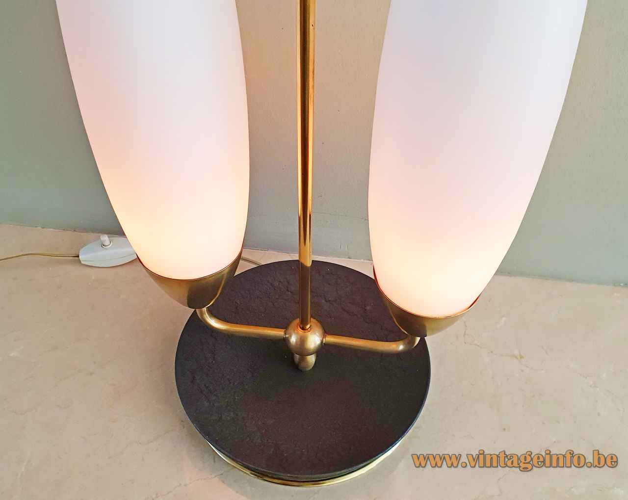 1960s convex opal glass table lamp round brass base & rod 2 white oval lampshades Massive Belgium 