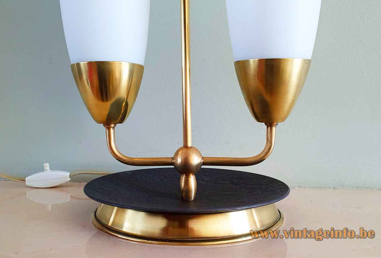 1960s convex opal glass table lamp round brass base & rod 2 white oval lampshades Massive Belgium 