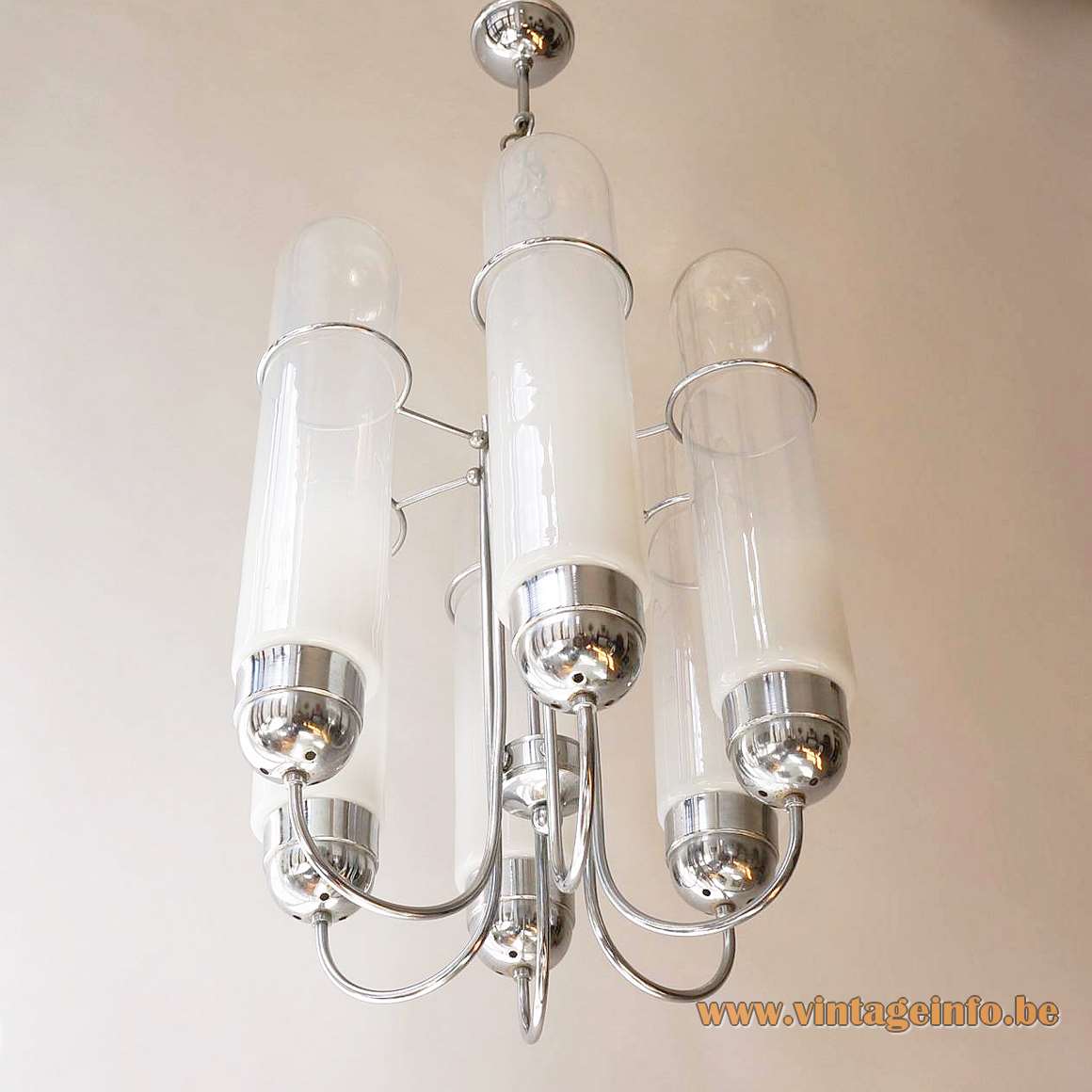 1960s glass tubes chandelier clear opal Murano glass tubes chrome curved rods chain Aldo Nason