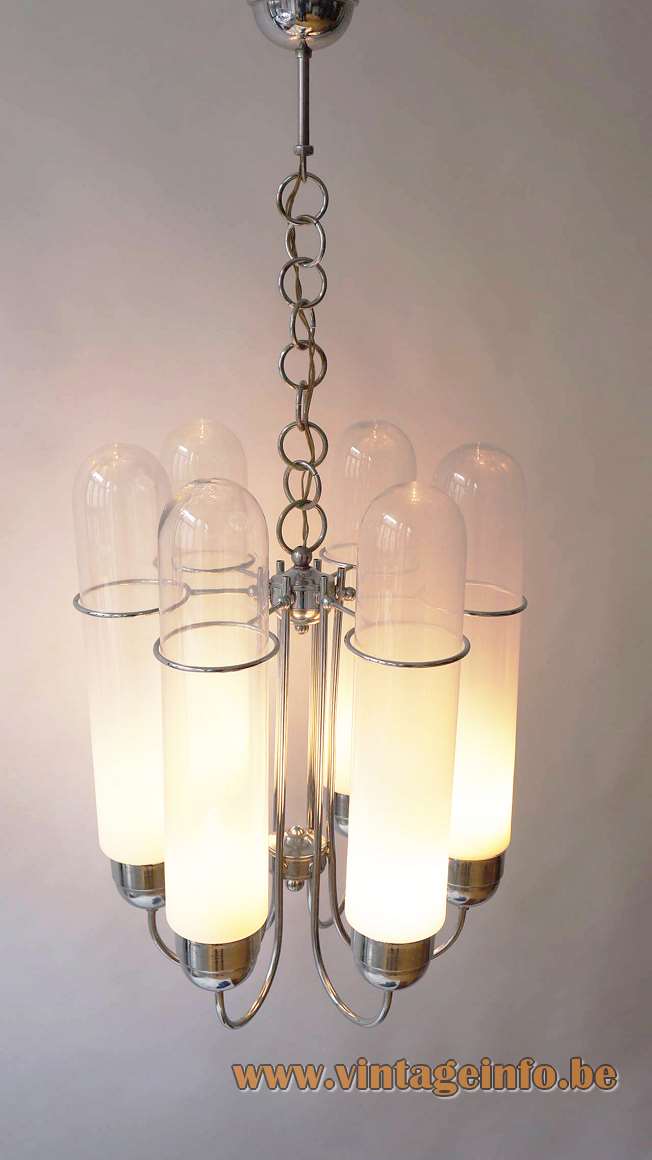 1960s glass tubes chandelier clear opal Murano glass tubes chrome curved rods chain Aldo Nason