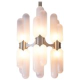 1970s Torpedo chandelier chrome rod 6 long opal glass tubes Carlo Aldo Nason Mazzega Murano Italy