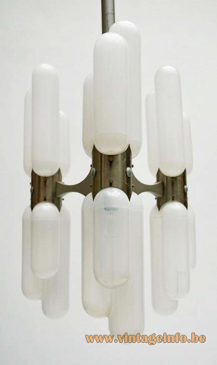 1970s Torpedo chandelier chrome rod 6 long opal glass tubes Carlo Aldo Nason Mazzega Murano Italy
