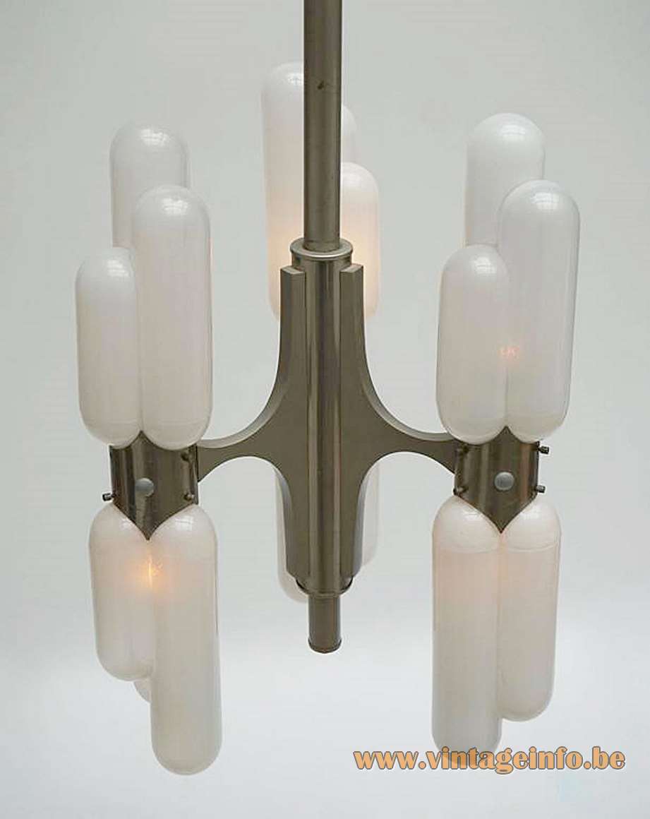 1970s Torpedo chandelier chrome rod 6 long opal glass tubes Carlo Aldo Nason Mazzega Murano Italy