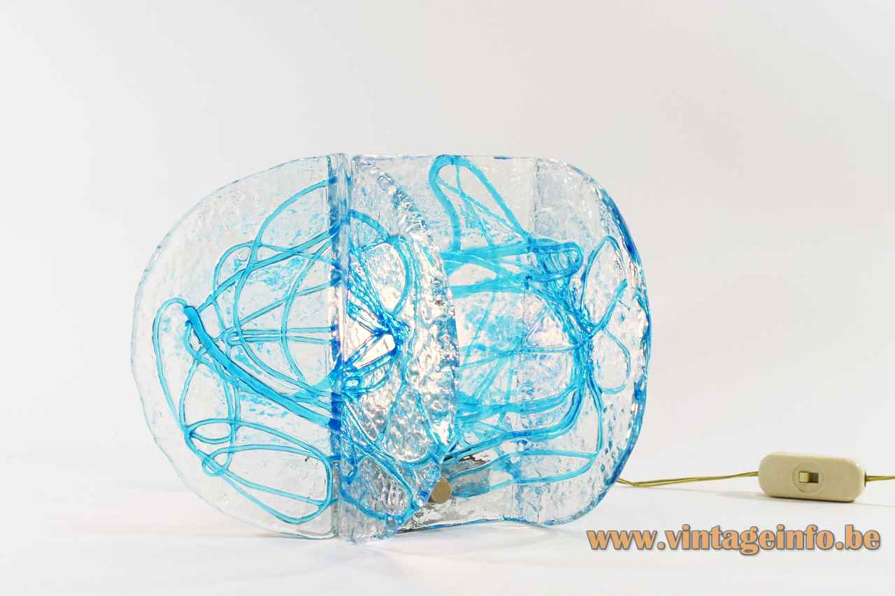AV Mazzega blue glass table lamp folded clear discs lampshade spaghetti decoration 1970s Carlo Nason Murano