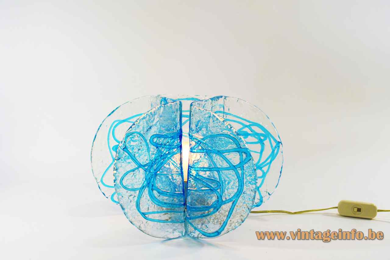 AV Mazzega blue glass table lamp folded clear discs lampshade spaghetti decoration 1980s Carlo Nason Murano Italy