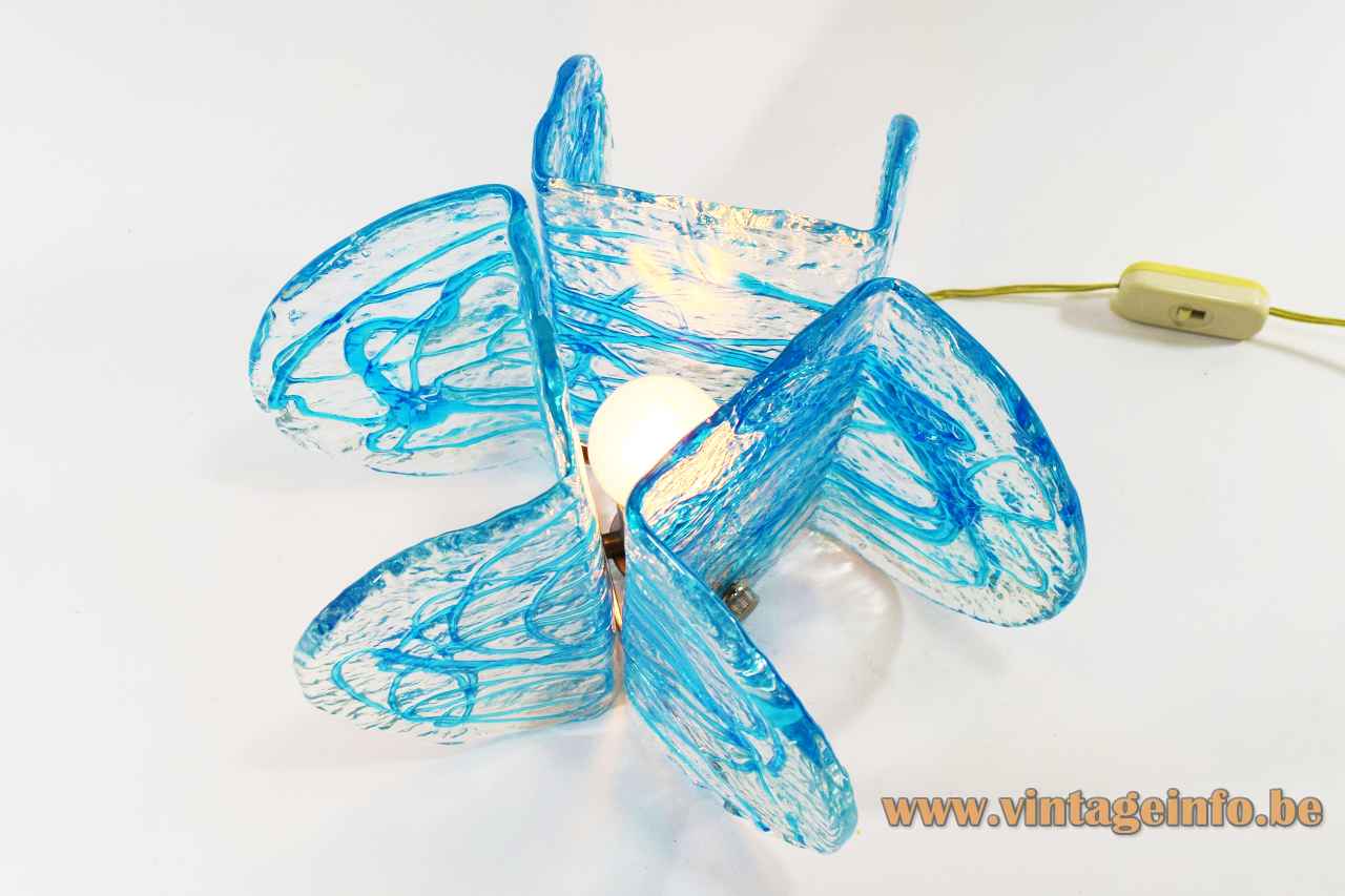 AV Mazzega blue glass table lamp folded clear discs lampshade spaghetti decoration 1970s Carlo Nason Murano