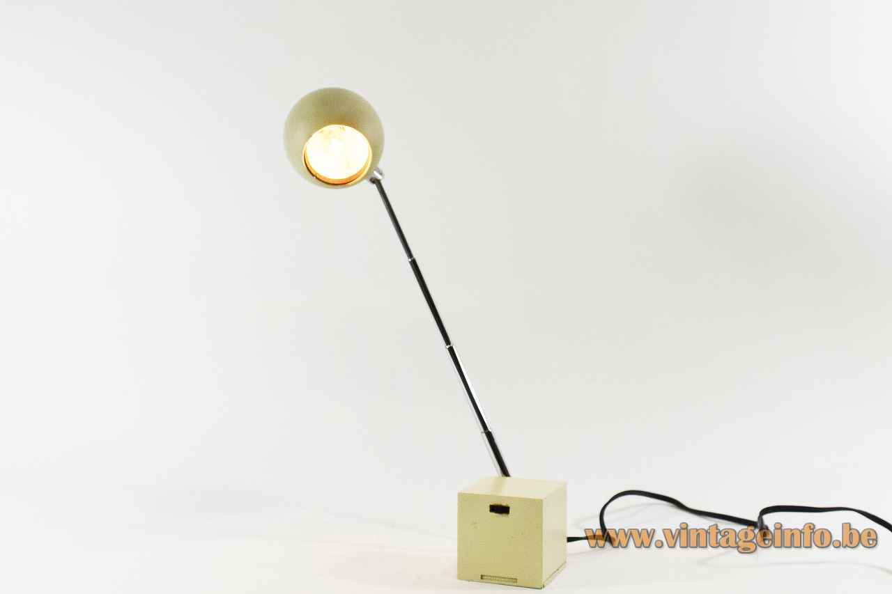 Lightolier Lytegem desk lamp cube base extendable chrome antenna rod globe lampshade 1965 design: Michael Lax