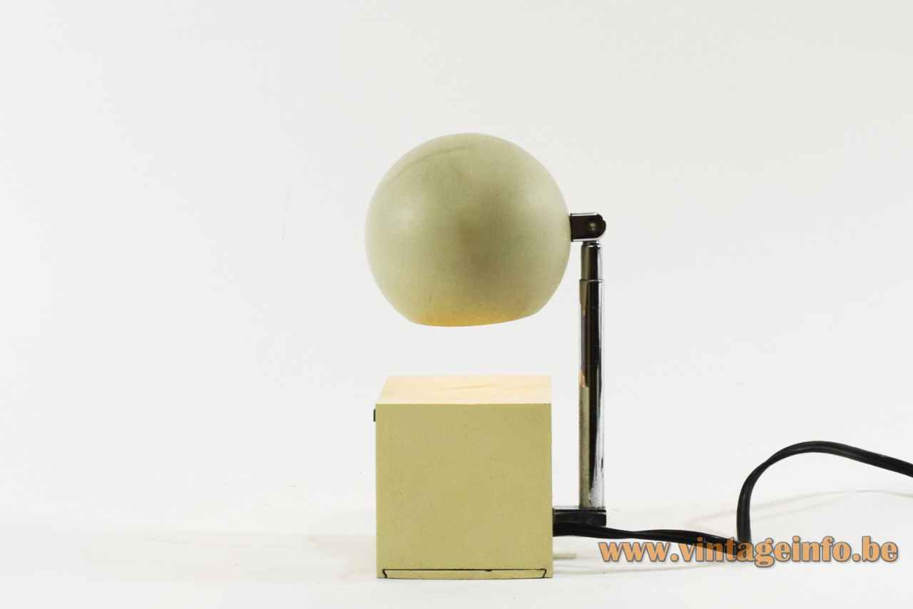 Lightolier Lytegem desk lamp cube base extendable chrome antenna rod globe lampshade 1965 design: Michael Lax