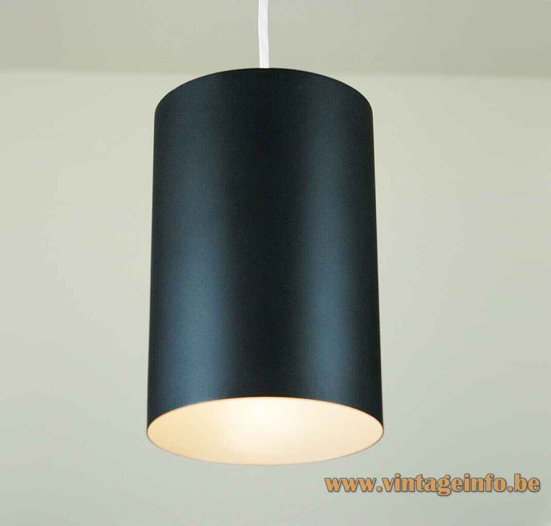 Louis Poulsen cylinder pendant lamp model 16512 black tubular lampshade design: Eila & John Meiling 1960s Denmark
