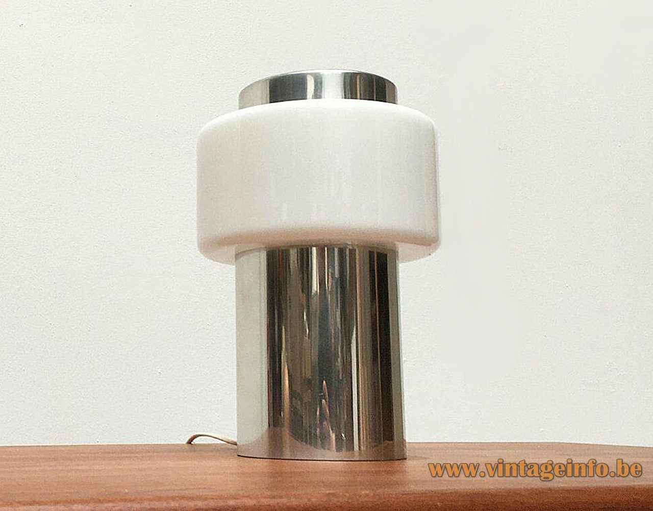 Temde chrome tube table lamp metal cylinder base opal glass ring lampshade 1970s Switzerland E27 socket