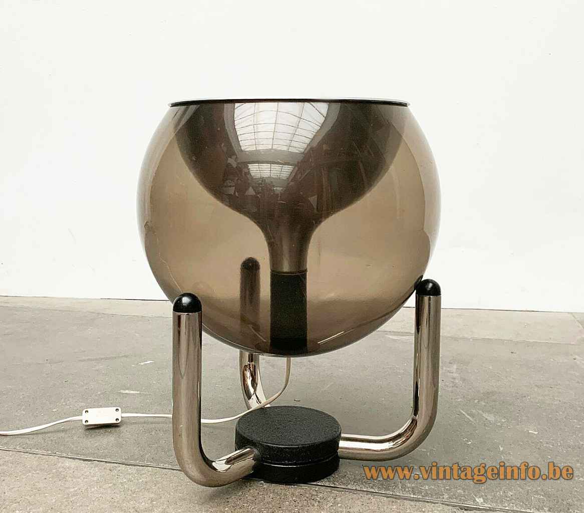 Temde smoked globe floor lamp reversed tripod base acrylic sphere lampshade aluminium reflector 1970s Germany Switzerland