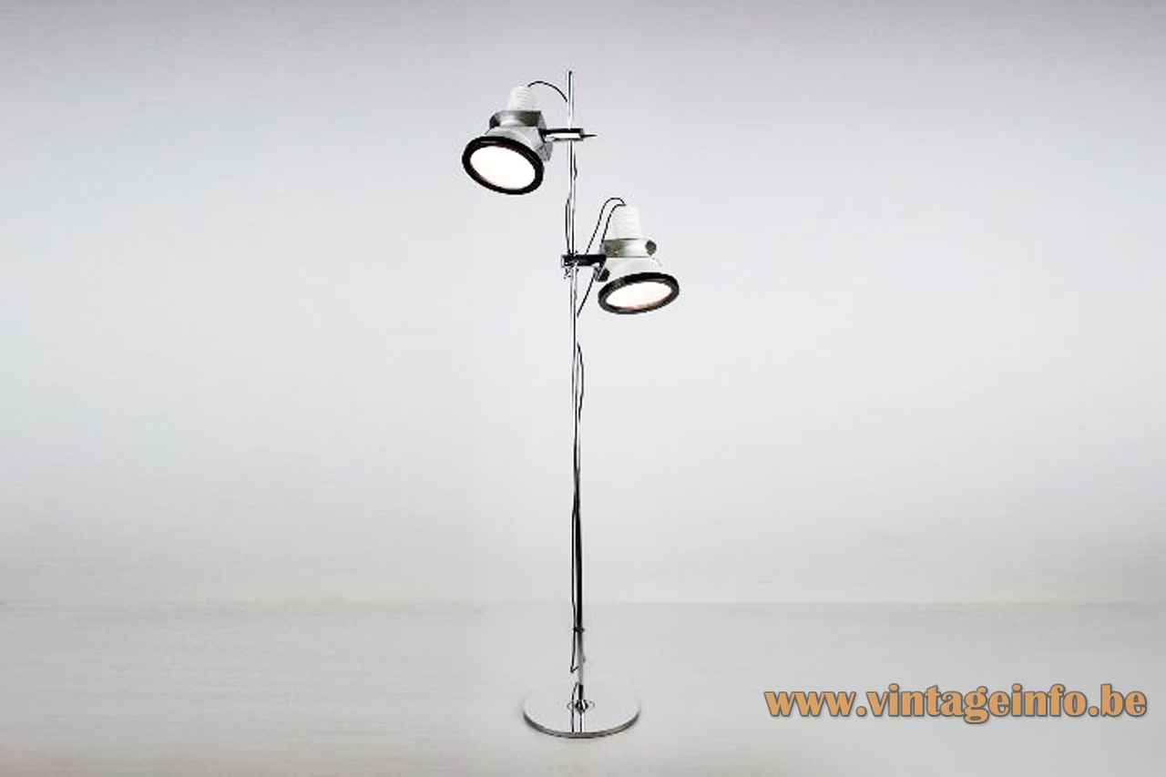 Tramo clamp floor lamp round chrome base & rod adjustable black & white lampshade design: Estudi Blanc 1970s