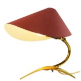 1950s brass crow foot desk lamp tripod base & rod folded red aluminium lampshade Brendel & Loewig Germany