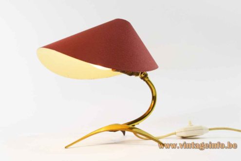 1950s brass crow foot desk lamp tripod base & rod folded red aluminium lampshade Brendel & Loewig Germany