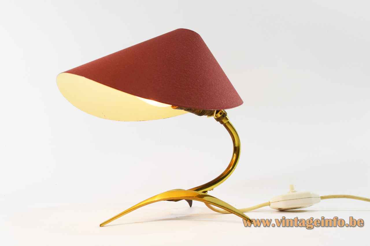 1950s brass crow foot desk lamp tripod base & rod folded red aluminium lampshade 1960s Cosack Germany