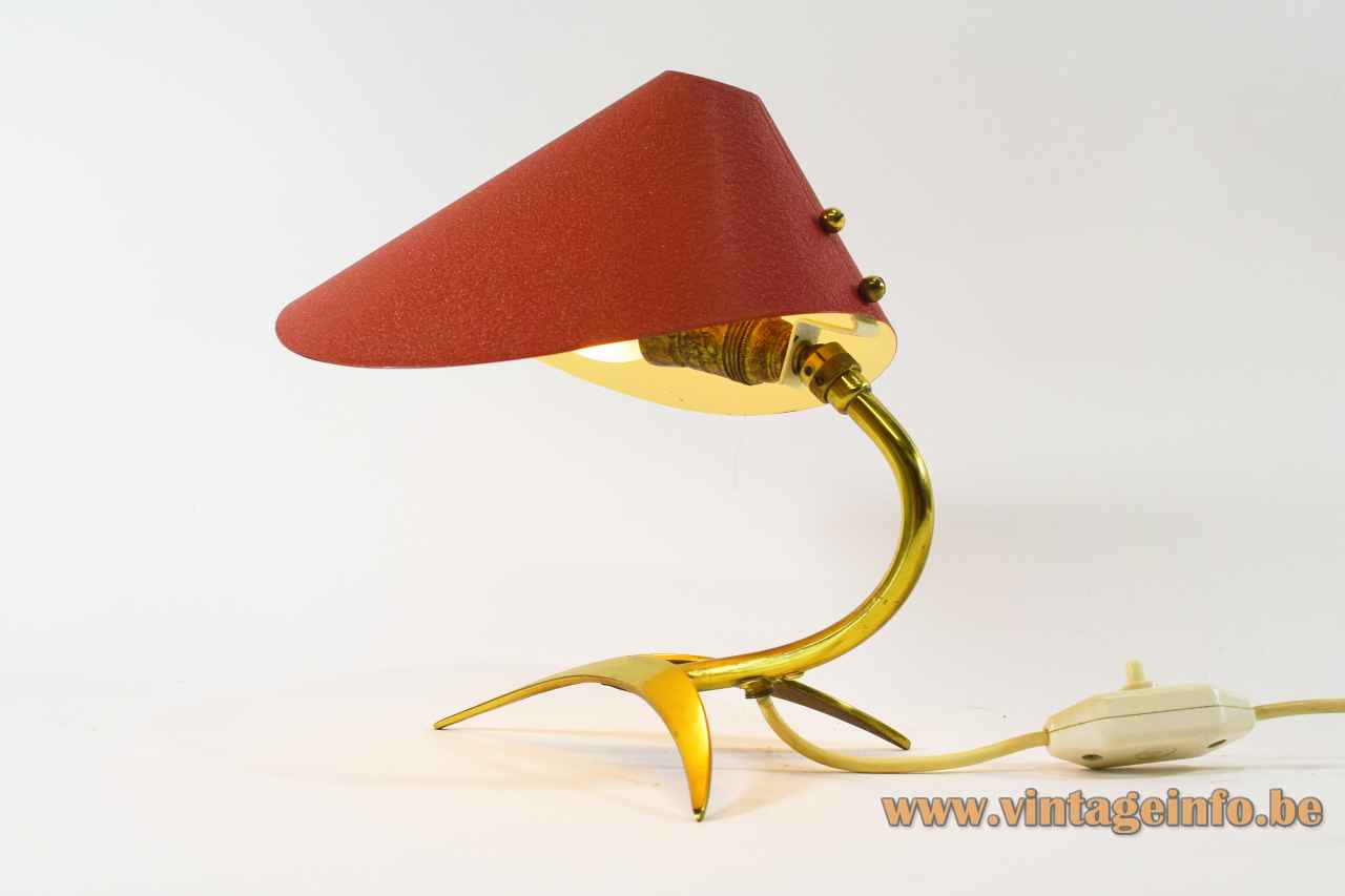 1950s brass crow foot desk lamp tripod base & rod folded red aluminium lampshade 1960s Cosack Germany