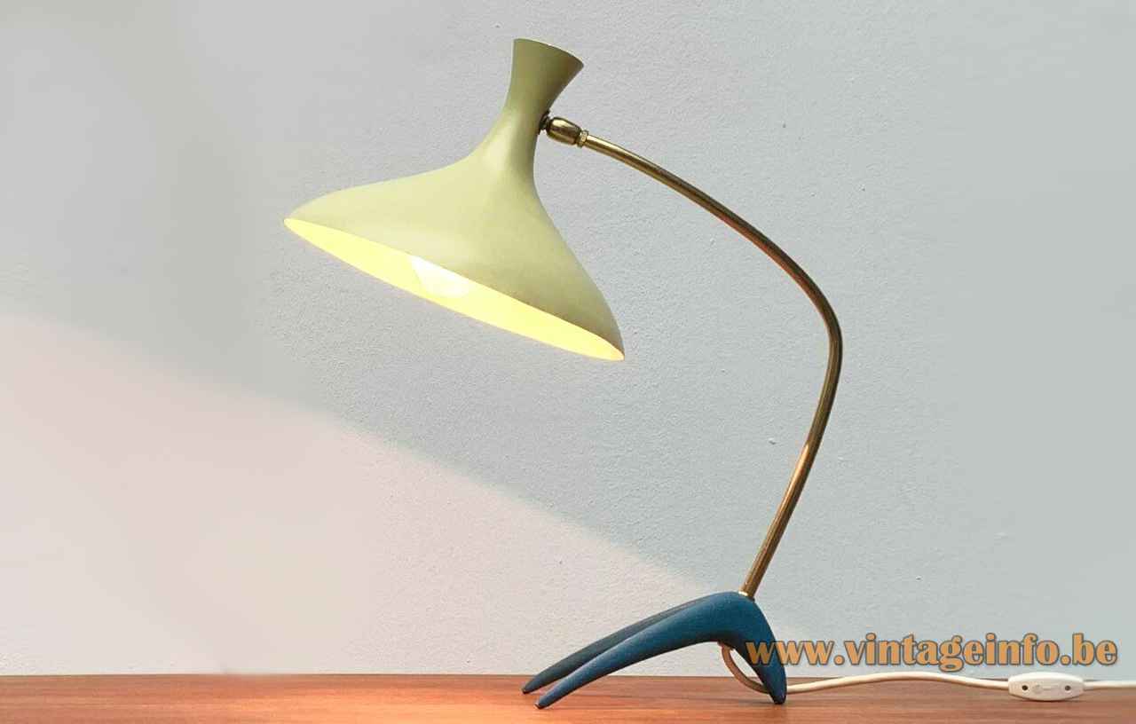 1950s Cosack crowfoot desk lamp blue cast iron base brass rod yellow diabolo lampshade 1960s Germany