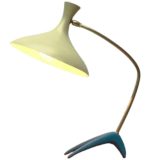 1950s Cosack crowfoot desk lamp blue cast iron base brass rod yellow diabolo lampshade 1960s Germany