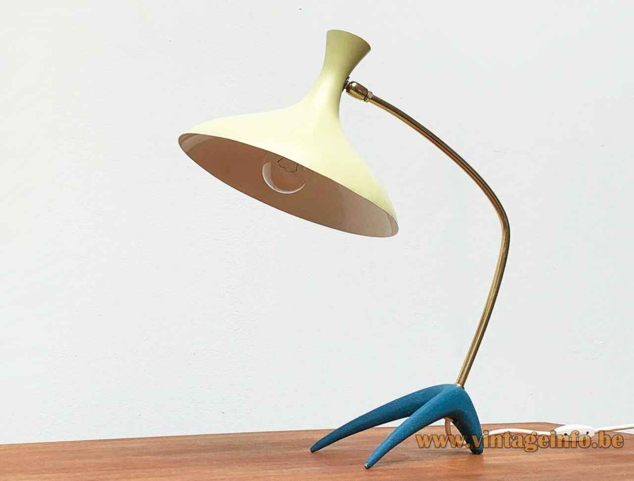 1950s Cosack crowfoot desk lamp blue cast iron base brass rod yellow diabolo lampshade 1960s Germany