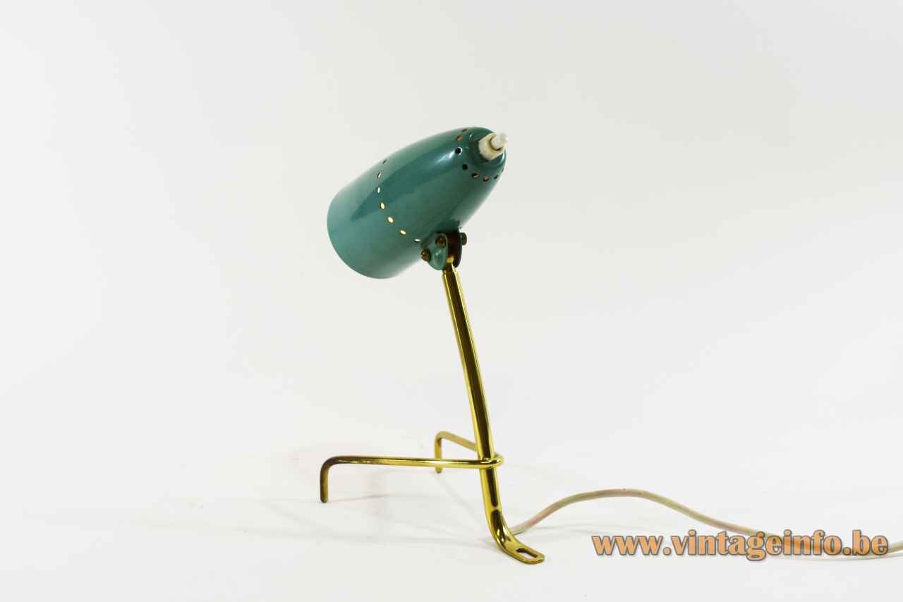 1950s Turquoise bedside lamp brass tripod base tubular adjustable lampshade table light 1960s Rupert Nikoll Austria