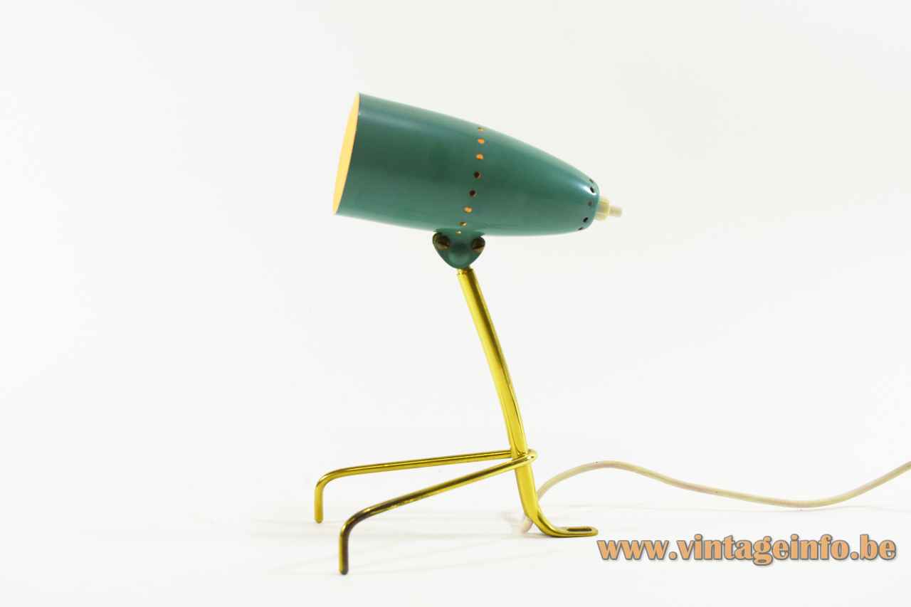 1950s Turquoise bedside lamp brass tripod base tubular adjustable lampshade table light 1960s Rupert Nikoll Austria