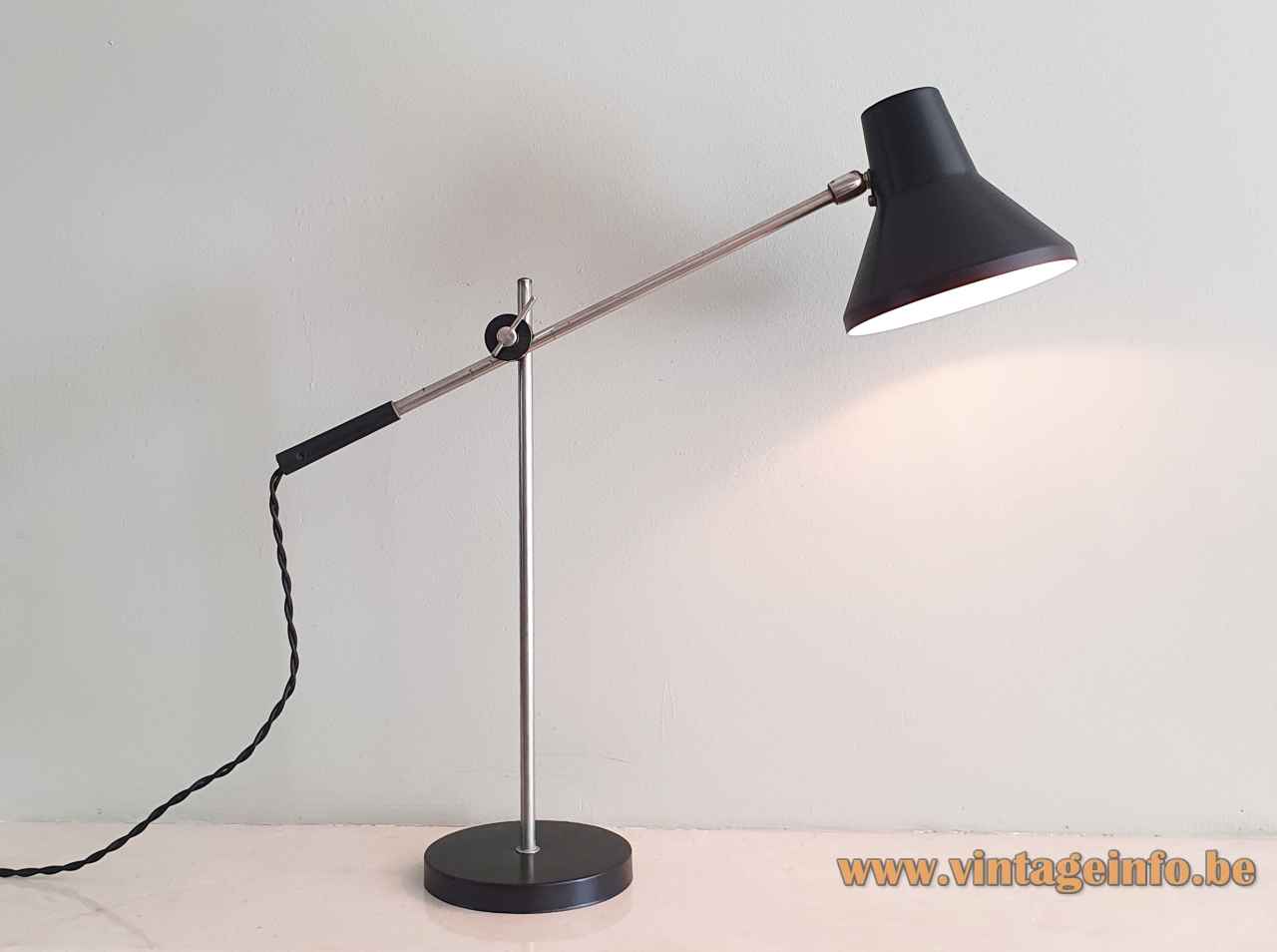  1960s SIS-Licht desk lamp round black metal base & lampshade 2 chrome rods design: Karl Lang Germany