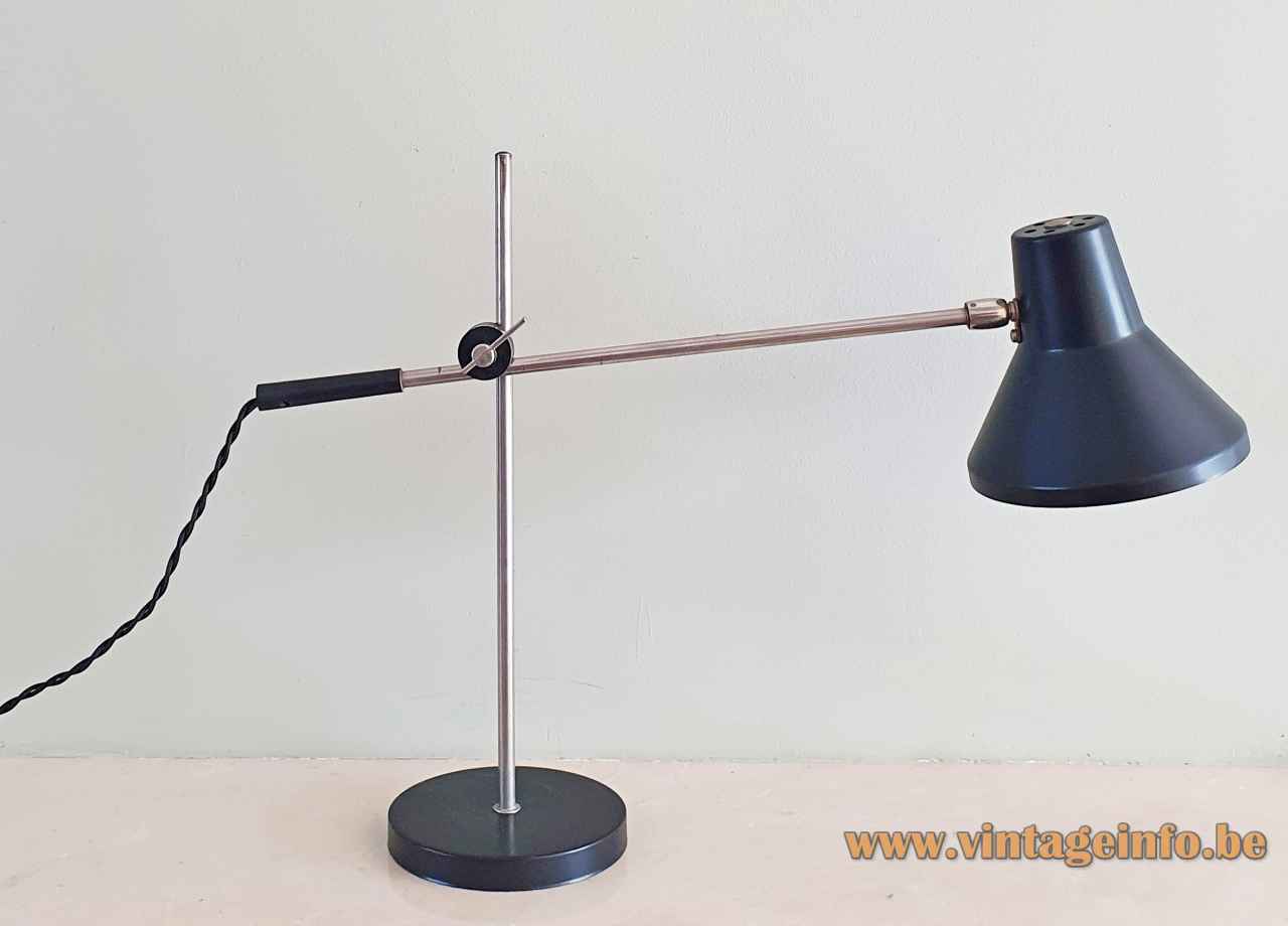  1960s SIS-Licht desk lamp round black metal base & lampshade 2 chrome rods design: Karl Lang Germany