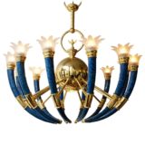 Banci Firenze La Traditione chandelier curved blue torch lampshade brass rods & eagle 1990s 2000s Italy