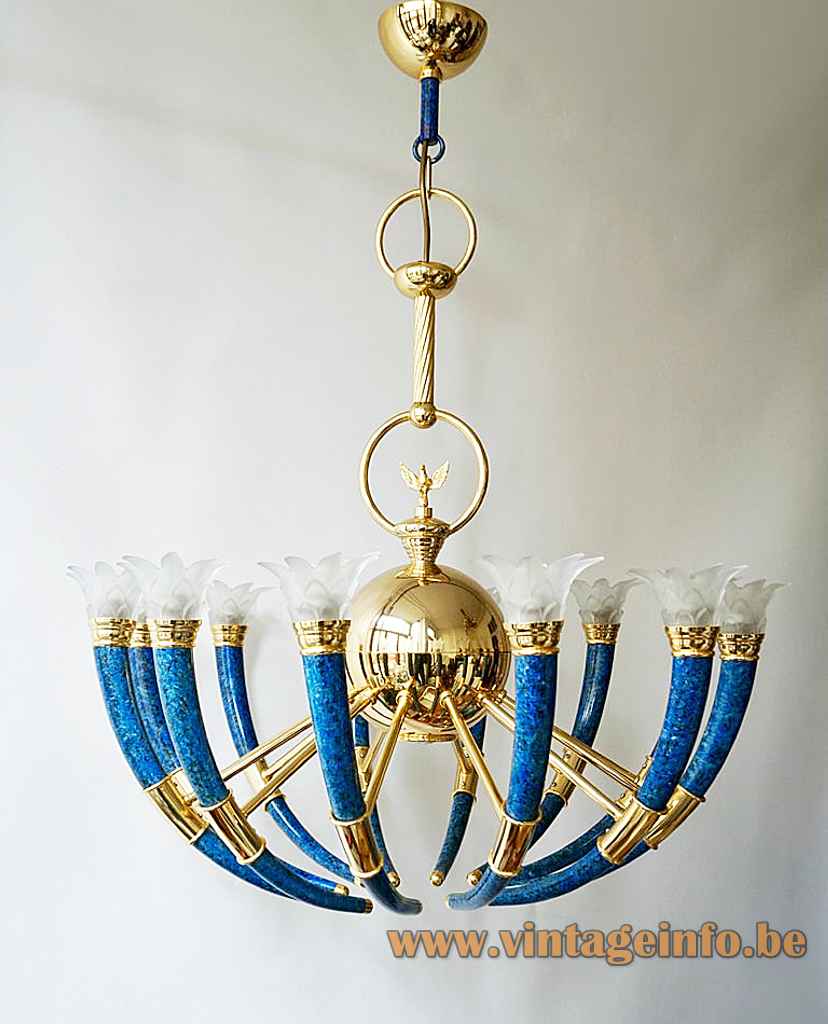  Banci Firenze La Traditione chandelier curved blue torch lampshade brass rods & eagle 1990s 2000s Italy