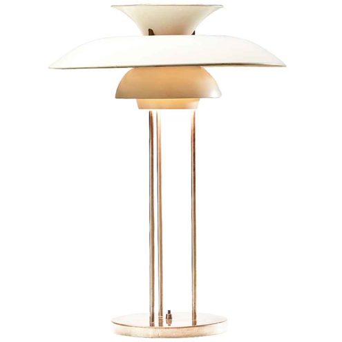 Louis Poulsen PH 5 table lamp round chrome base & rods aluminium mushroom lampshade design: Poul Henningsen