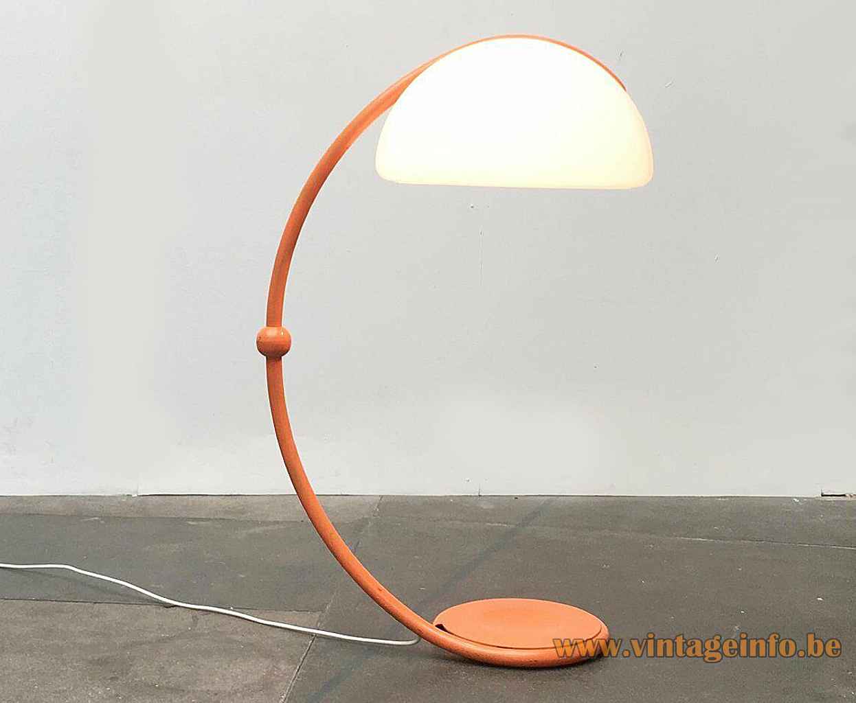 Martinelli Luce Serpente floor lamp round orange base curved rod white acrylic lampshade design: Elio Martinelli 
