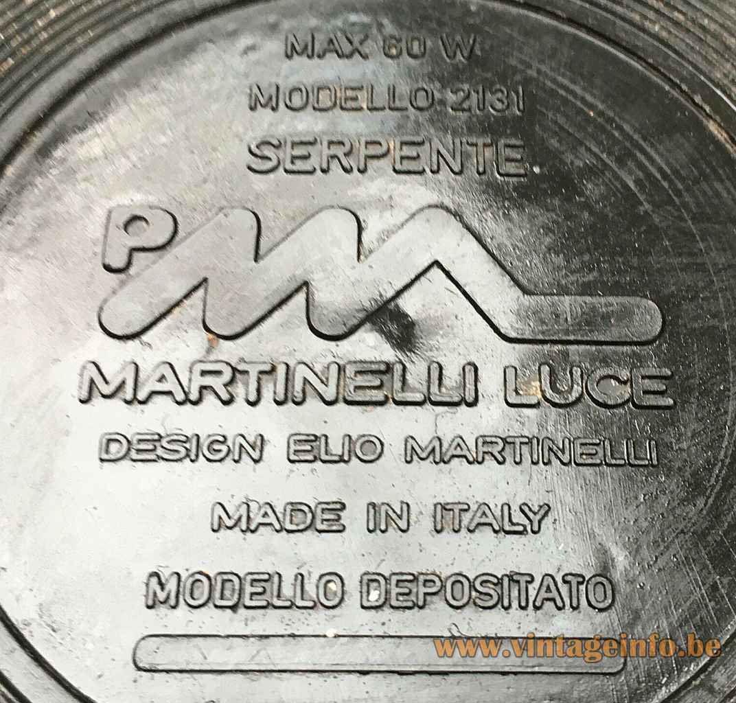 Martinelli Luce Serpente floor black plastic bottom label logo 1965 design: Elio Martinelli 1960s model 2131