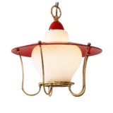 Massive lantern pendant lamp brass rods & chain opal glass lampshade red metal lid 1960s Belgium