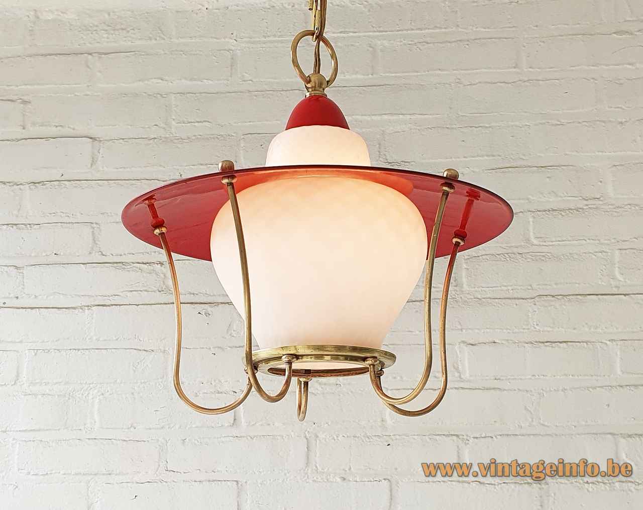 Massive lantern pendant lamp brass rods & chain opal glass lampshade red metal lid 1960s Belgium