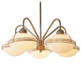 Massive opal globes chandelier 5 white glass lampshades gilded brass rods 1960s 1970s Belgium E27 sockets