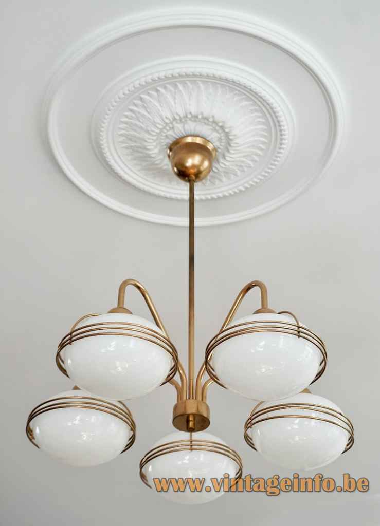 Massive opal globes chandelier 5 white glass lampshades gilded brass rods 1960s 1970s Belgium E27 sockets