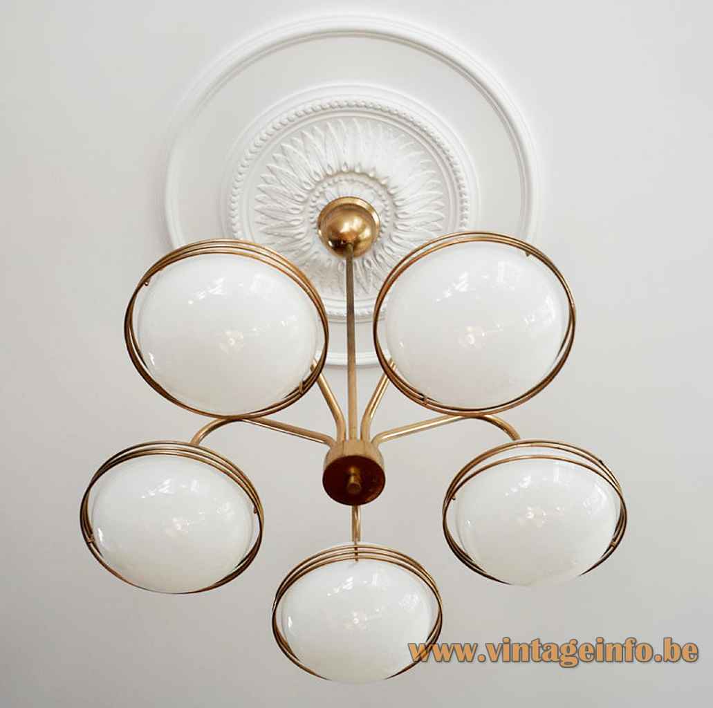 Massive opal globes chandelier 5 white glass lampshades gilded brass rods 1960s 1970s Belgium E27 sockets