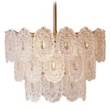 Massive rosette crystal glass chandelier round oval discs lampshade brass rod 1960s 1970s Belgium