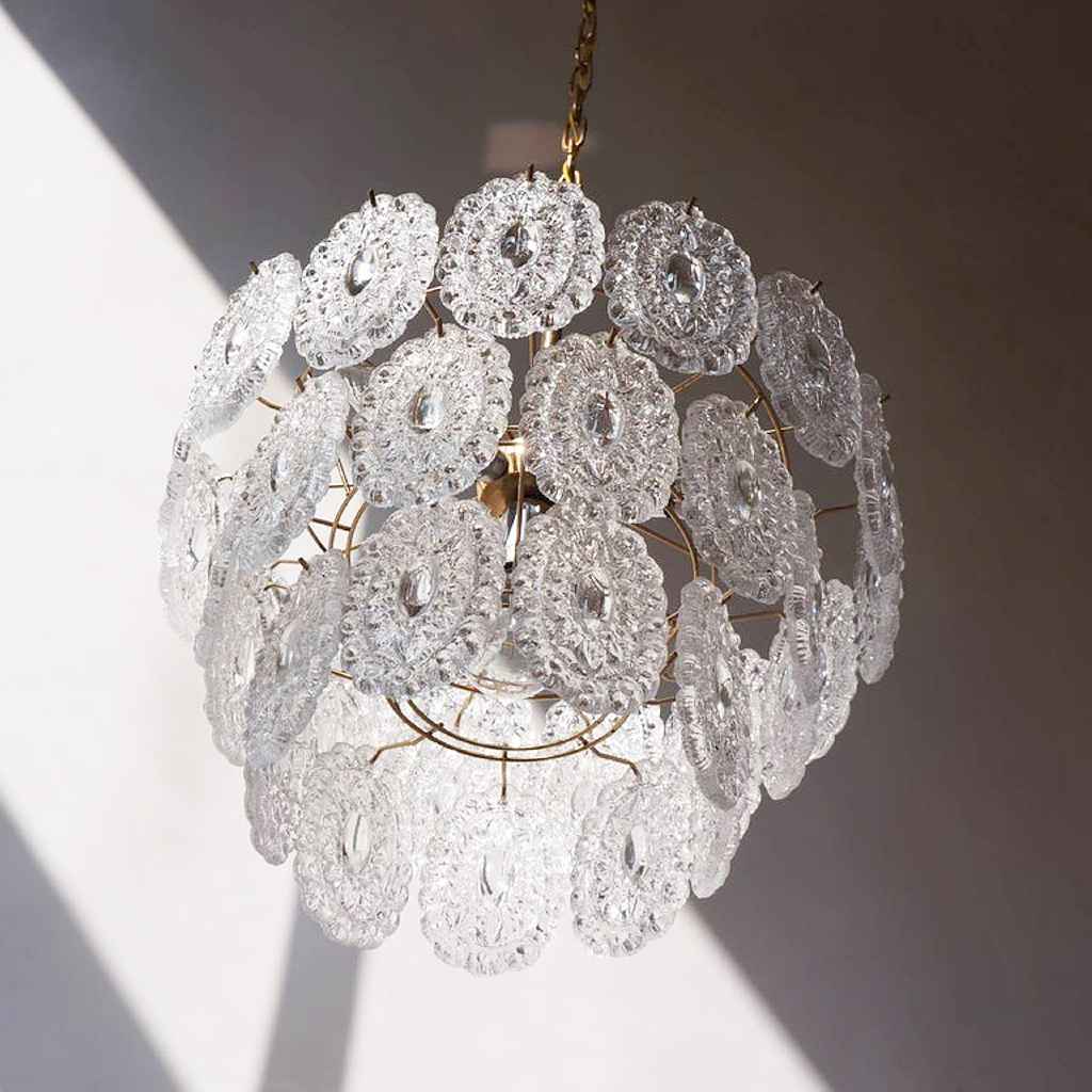 Massive rosette crystal glass chandelier round oval discs lampshade brass rod 1960s 1970s Belgium
