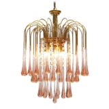 Pink glass teardrops chandelier gold coloured metal brass frame no Venini Murano 1980s 1990s Massive Belgium